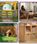 Collage featuring farm gate, woman on sofa, garden scene, and wooden shelf with Beefy Flat L Brackets for wood furniture 6x6 inch stainless steel mending plates matte black finish.