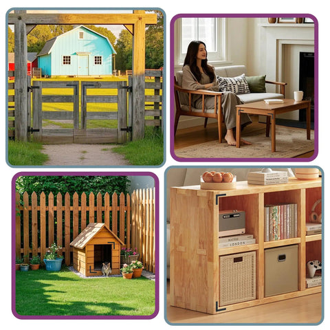Collage featuring farm gate, woman on sofa, garden scene, and wooden shelf with Beefy Flat L Brackets for wood furniture 6x6 inch stainless steel mending plates matte black finish.