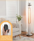 Infrared Patio Heater With Remote Control 1500 W Outdoor Electric Heater For Patio Backyard Garage And Decks Indoor Outdoor Use Weather Resistant IP24 Cranks Out Warmth shown in a cozy living room