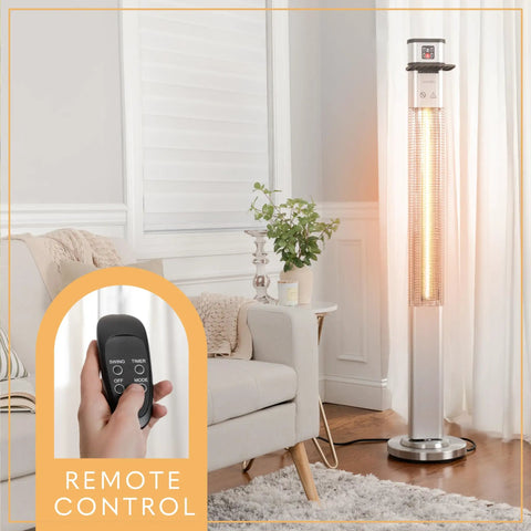 Infrared Patio Heater With Remote Control 1500 W Outdoor Electric Heater For Patio Backyard Garage And Decks Indoor Outdoor Use Weather Resistant IP24 Cranks Out Warmth shown in a cozy living room