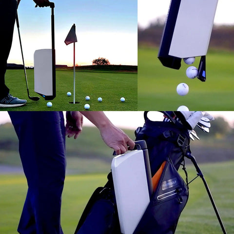 Golf Ball Shag Portable Ball Picker, Compact Practice Essential, 24-Ball Capacity, in use and stored in golf bag