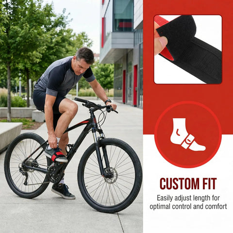 Man installing Kids Bicycle Toe Clip Straps Set for Easy Install Pedal Footrest Durable Nylon on a bike showing adjustable fit feature.