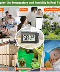 Six Pack Mini Hygrometers For Indoor Humidity And Temperature, digital LCD monitor shown in home, office and greenhouse uses