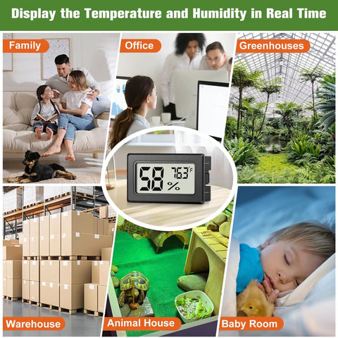 Six Pack Mini Hygrometers For Indoor Humidity And Temperature, digital LCD monitor shown in home, office and greenhouse uses