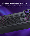 Full Size Mechanical PC Gaming Keyboard With Command Touch Display And Titan Switches For Rapid Macro Setup And Absolutely Lit Zero Lag Clutch Gameplay Ready, showing extended layout with numpad and macro keys.