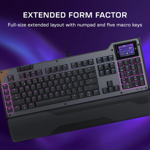 Full Size Mechanical PC Gaming Keyboard With Command Touch Display And Titan Switches For Rapid Macro Setup And Absolutely Lit Zero Lag Clutch Gameplay Ready, showing extended layout with numpad and macro keys.
