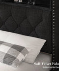 Close-up of Modern Queen Bed Frame With Hidden Storage Drawers Led Lights And Usb Charging Port Linen Upholstered Platform Base.