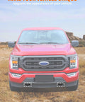 Ford F150 Tow Hook Cover Wrap 2 Piece Black U Shaped Front Bumper Protector on a red Ford F-150 in a desert setting