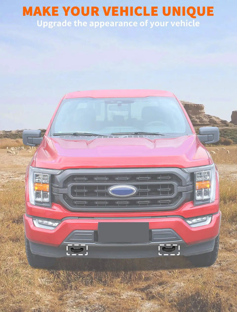 Ford F150 Tow Hook Cover Wrap 2 Piece Black U Shaped Front Bumper Protector on a red Ford F-150 in a desert setting