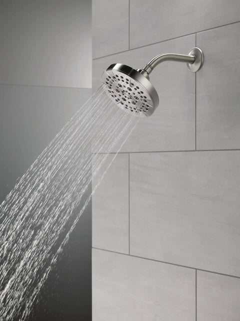 Six Setting Brushed Nickel Shower Head With High Pressure Spray And Pause Feature, 6 Inch Round Stainless Steel, 1.75 GPM Flow