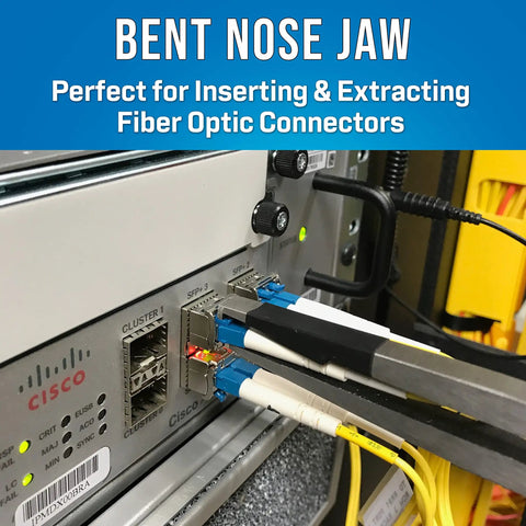 Fiber Optic Inserting And Extracting Tool With Bent Nose Jaw For SC Simplex, SC Duplex, And LC Duplex Connectors in patch panel.