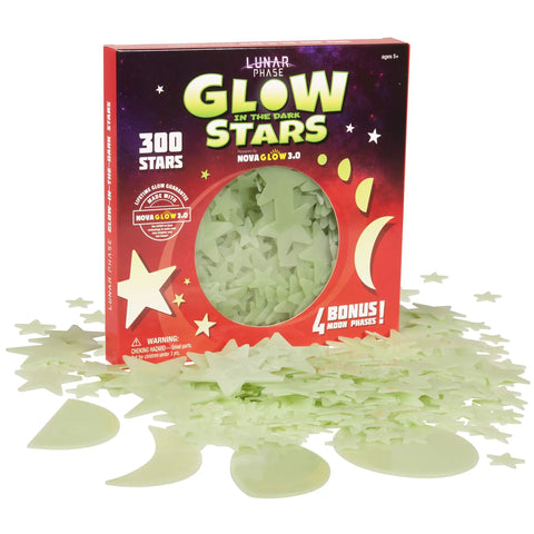Glow In The Dark Ceiling Stars Kit With 300 Pieces And 4 Bonus Moon Phases from New Moon to Full Moon in packaging