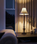 Emily Crackle Bronze Lamp Set with 30-Inch Tall Table Lamp and 11-Inch Bell Shade on living room side table, adding warm ambience.
