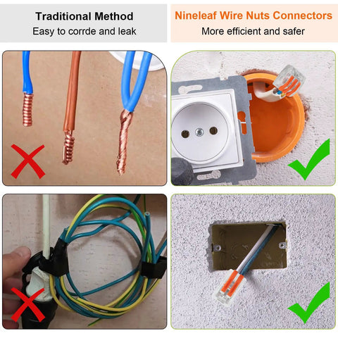 Comparison of traditional methods vs. 60 Piece Lever Wire Connector Kit With 2 3 4 5 Port Push In Quick Connectors For Solid And Stranded Copper Wires