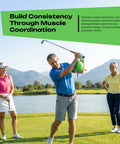 Man using Golf Training Aid Ball Between Arms For Posture Fix And Alignment, Swing Trainer while golfing outdoors