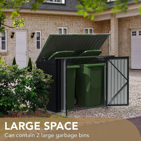 Outdoor Metal Storage Shed 5.8 x 3.3 Ft Weatherproof Lockable Yard Storage For Trash Cans with open lid showing bins