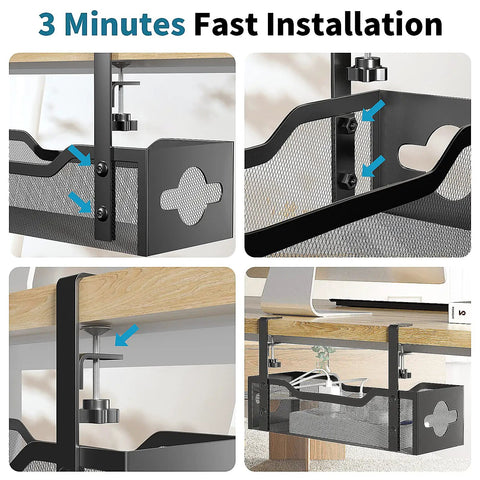 Under Desk Cable Management Tray No Drill Clamp Mount Metal Mesh 2 Hole Cable Tray installed under desk showing usage