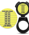 Seven Scope Dope Stickers for Long Range Shooting fit most rifle scope caps, shown on yellow 1.5 inch diameter matte material