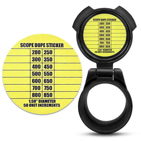 Seven Scope Dope Stickers for Long Range Shooting fit most rifle scope caps, shown on yellow 1.5 inch diameter matte material