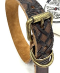 Premium Full Grain Heavy Duty Leather Dog Collar Built Tough For Large Dogs With Hand Carved Celtic Chains Aged Raw Brass Buckle detail