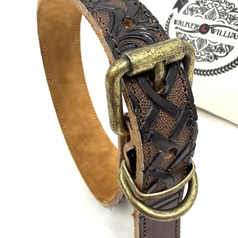 Premium Full Grain Heavy Duty Leather Dog Collar Built Tough For Large Dogs With Hand Carved Celtic Chains Aged Raw Brass Buckle detail