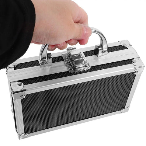 Heavy Duty Metal Briefcase Toolbox With Rugged Handle And Smart Compartments Built Solid For On The Go Handymen Fixing Cars Or Stashing Daily Gear, held by a hand.