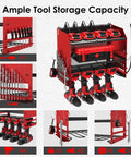 Power Tool Organizer Wall Mount With Charging Station, Built In 4 Drill Holders And 8 Outlet Power Strip, Battery Storage Rack in red steel, side view.