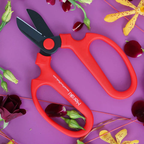 Floral Scissors Set Of 3 With Carbon Steel Blades For Precise Flower Pruning And Arranging on purple surface with flowers.