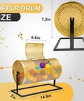 Gold perforated metal raffle drum on a black frame with wooden turning handle; diameter 7.2 in, base 14.9 in long.