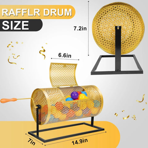 Gold perforated metal raffle drum on a black frame with wooden turning handle; diameter 7.2 in, base 14.9 in long.