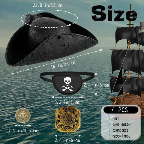 Top Shelf Black Renaissance Pirate Tricorn Hat Set With Distressed Faux Leather Finish Including Realistic Eye Mask Chain Necklace And Antique Style Brass Compass For Totally Badass Halloween Parties, featuring size details.