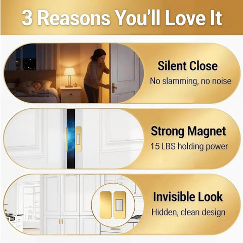 Six Pairs Gold Magnetic Cabinet Door Catch Set Stick On No Drill Adhesive For Kitchen Cabinets showing silent close and strength