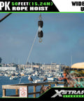 Heavy Duty 2000 Lb 50 Ft Reflective Rope Hoist Pulley Wheel Block And Tackle System 5 To 1 Ratio hanging on dock with boats.