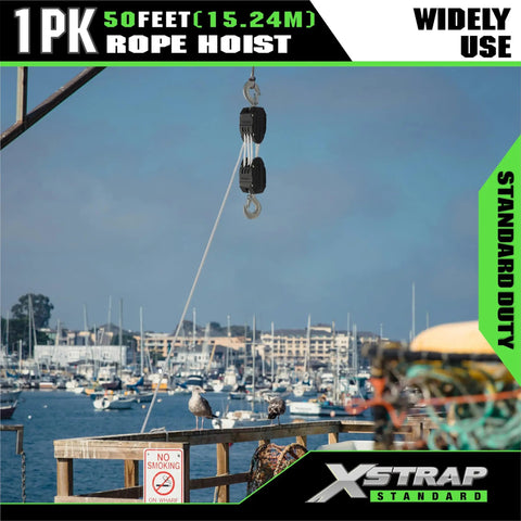 Heavy Duty 2000 Lb 50 Ft Reflective Rope Hoist Pulley Wheel Block And Tackle System 5 To 1 Ratio hanging on dock with boats.