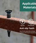 Top Shelf Black Serrated Self Drilling Screws Eight By One Inch embedded in metal, showcasing anti-slip teeth for firm grip.