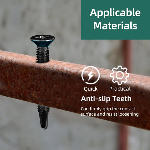 Top Shelf Black Serrated Self Drilling Screws Eight By One Inch embedded in metal, showcasing anti-slip teeth for firm grip.