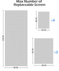 Max number of replaceable screens illustration with dimensions for Six Piece Window And Door Screen Replacement Repair Kit With Charcoal Fiberglass Mesh Vinyl Spline Tools For Busted Screen Holes No Hassle Quick Snap Fixes Straight Ahead Repair Jobs At Home.