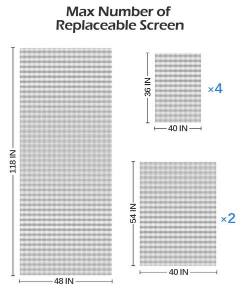 Max number of replaceable screens illustration with dimensions for Six Piece Window And Door Screen Replacement Repair Kit With Charcoal Fiberglass Mesh Vinyl Spline Tools For Busted Screen Holes No Hassle Quick Snap Fixes Straight Ahead Repair Jobs At Home.