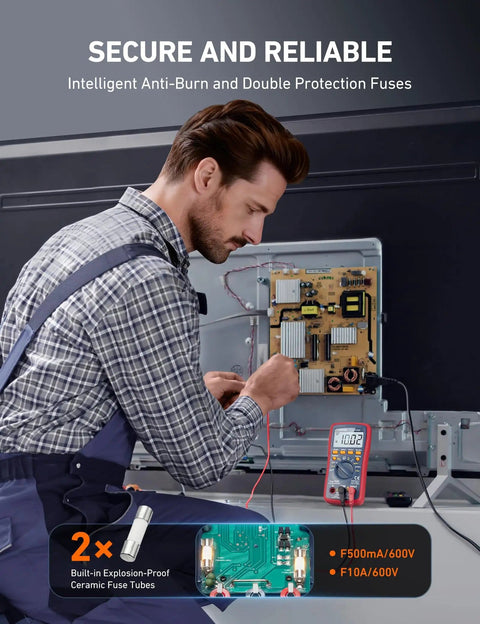 Technician using Digital Multimeter Pro Grade With True RMS And Auto And Manual Ranging, 4000 counts for electrical diagnostics