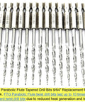 Workhorse Heavy Duty 16 Piece Parabolic Flute Drill Bit Set For Wood Number 6 Size Ninety Sixteenths Inch Tapered Countersink Hss M2 Grade Steel Kit arranged in a row.