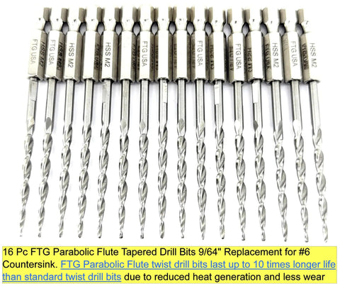 Workhorse Heavy Duty 16 Piece Parabolic Flute Drill Bit Set For Wood Number 6 Size Ninety Sixteenths Inch Tapered Countersink Hss M2 Grade Steel Kit arranged in a row.