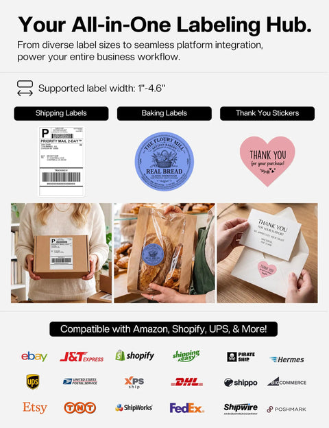 Slick Bluetooth Thermal Label Printer With Intuitive Touchscreen For Quick 4x6 Shipping Labels And Smooth Inventory Workflow showing various labels.