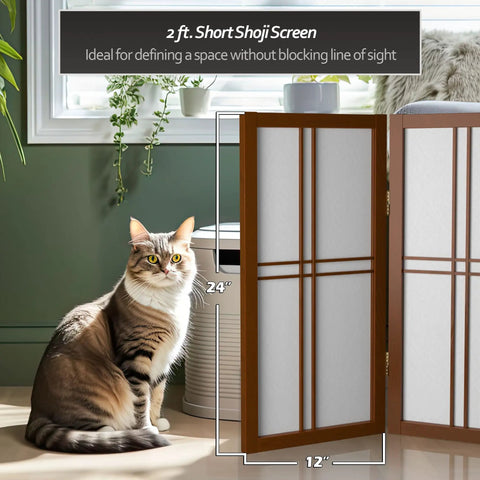 Grab-And-Go Walnut 2 Ft Desktop Double Cross Shoji Screen, 6-Panel Privacy Divider With Rice Paper next to a cat by window