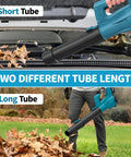 Cordless Leaf Blower 21V With Two 4.0Ah Batteries And Fast Charger showing short and long tube options