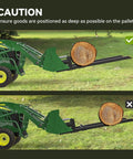 Correct and incorrect use of 60 Inch Clamp On Pallet Forks For Tractor Bucket Built Tough With 2000lbs Capacity, log placement guide.
