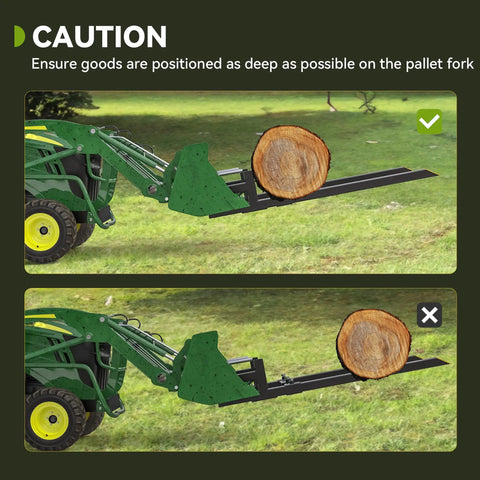 Correct and incorrect use of 60 Inch Clamp On Pallet Forks For Tractor Bucket Built Tough With 2000lbs Capacity, log placement guide.