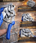 Heavy Duty Hog Ring Pliers Kit With 600 Galvanized Hog Rings in use for fencing, showing rustproof nails and metal spring.