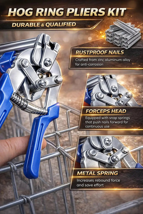 Heavy Duty Hog Ring Pliers Kit With 600 Galvanized Hog Rings in use for fencing, showing rustproof nails and metal spring.