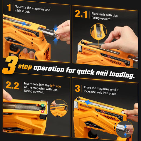 Three-step operation guide for loading Tough As Nails Two In One Cordless Nailer And Brad Nailer Combo.