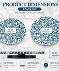 Two Pack Mother Of Pearl Lazy Susan Turntable Set With Blue Wicker 12 And 13 Inch Rotating Trays dimensions on marble background.